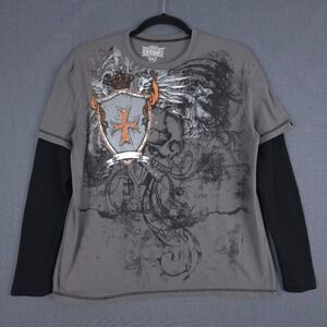 MMA Elite Shirt Mens 2XL Gray Double Sided Thermal Sleeves Grunge Y2K Skulls XXL